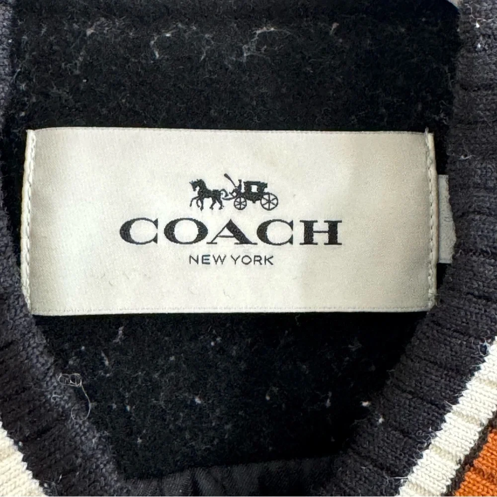 COACH Black Wool & Leather Patch Jacket, Stadium Style,Size XS